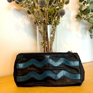DVF clutch, blue snakeskin and black leather